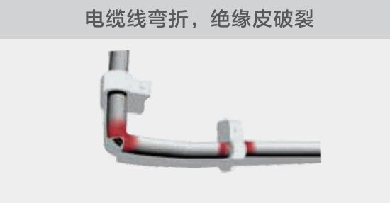 在安裝過(guò)程中，由于電線的彎曲半徑過(guò)小，或是線夾過(guò)緊，導(dǎo)致線纜絕緣皮破裂，產(chǎn)生電弧隱患